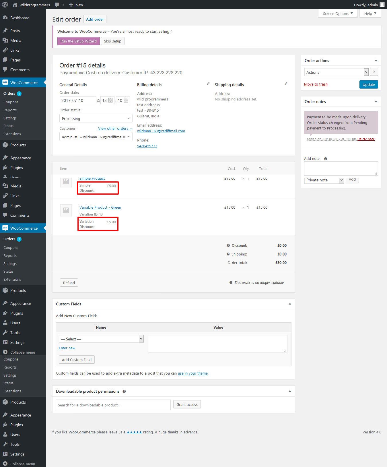 Discount record order page in backend