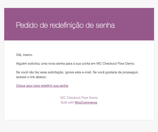 Link é redirecionado ao site com os campos para digitar a nova senha com mínimo de 8 caracteres.