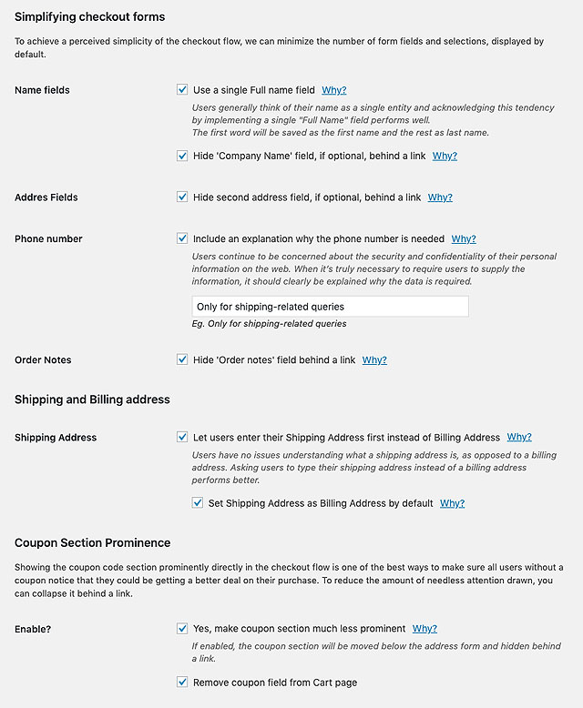 Optimization options in plugin settings page