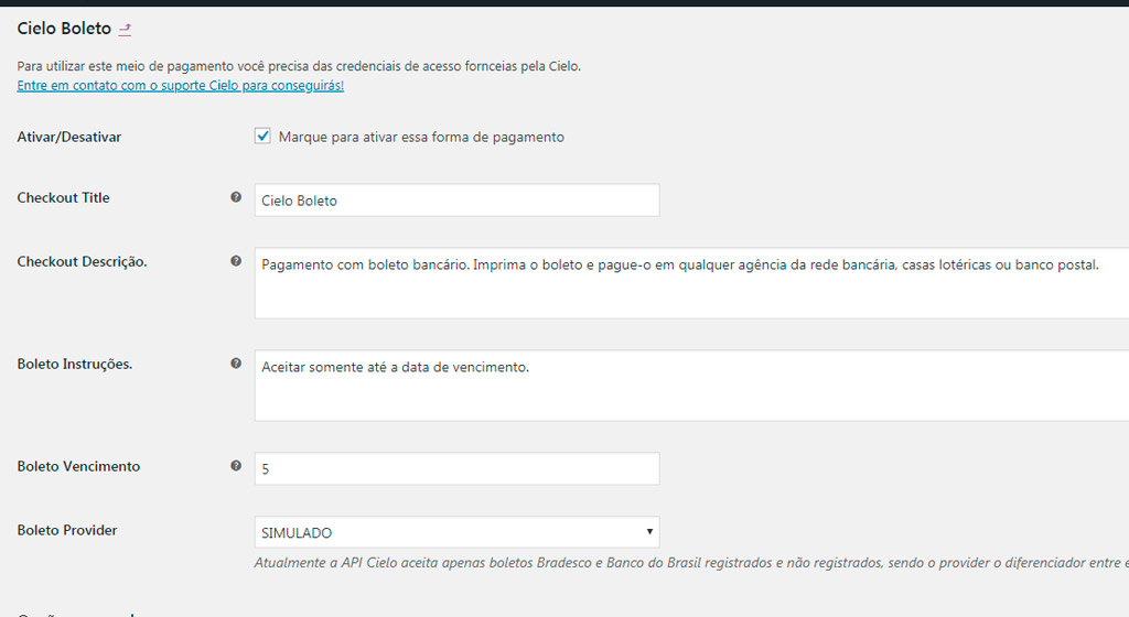 O painel de configurações usado para configurar o gateway.