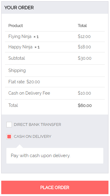 Frontend presentation of the additional fee with the Cash on delivery method.
