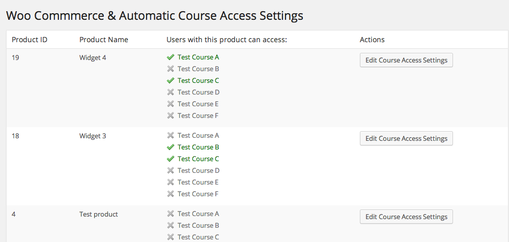 This is the actual configuration screen where you can select courses that will be associated with a particular product as well as retroactively assign courses to current customers