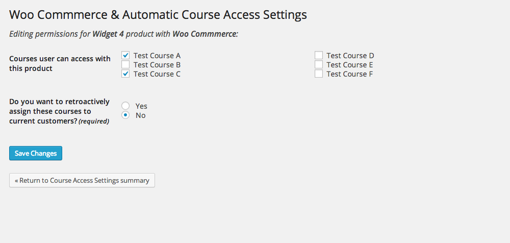 This is the actual configuration screen where you can select courses that will be associated with a particular product as well as retroactively assign courses to current customers