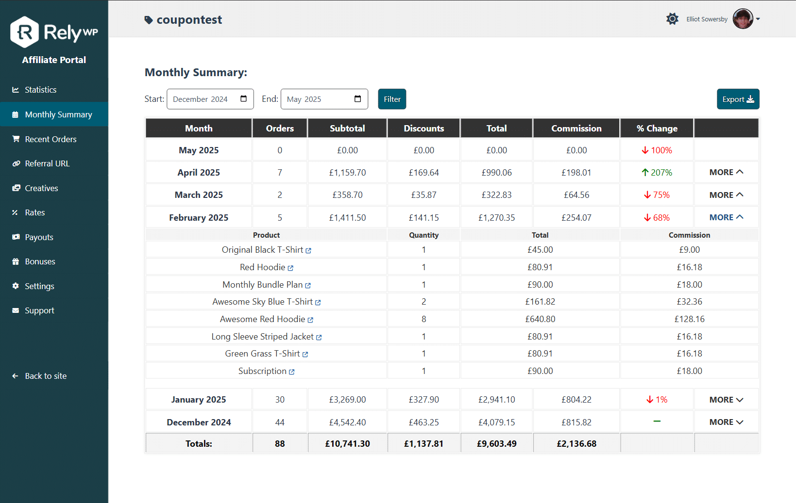 Example of "Recent Orders" (Referrals) tab on affiliate dashboard.