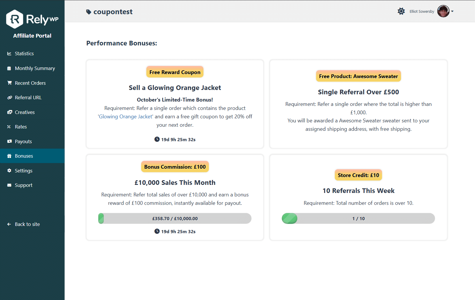 Example admin list of WooCommerce coupons and their unique links.