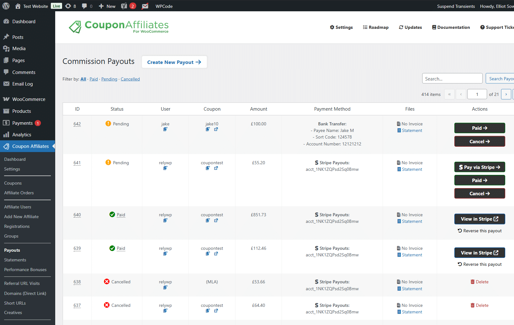 Example of "Affiliate Registration" admin management page.