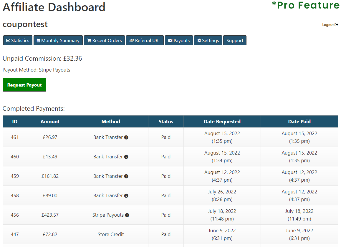 Pro Feature: Example of Admin commission payouts management area.