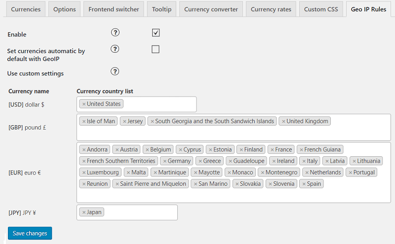 WooCommerce 货币切换插件管理面板。货币设置