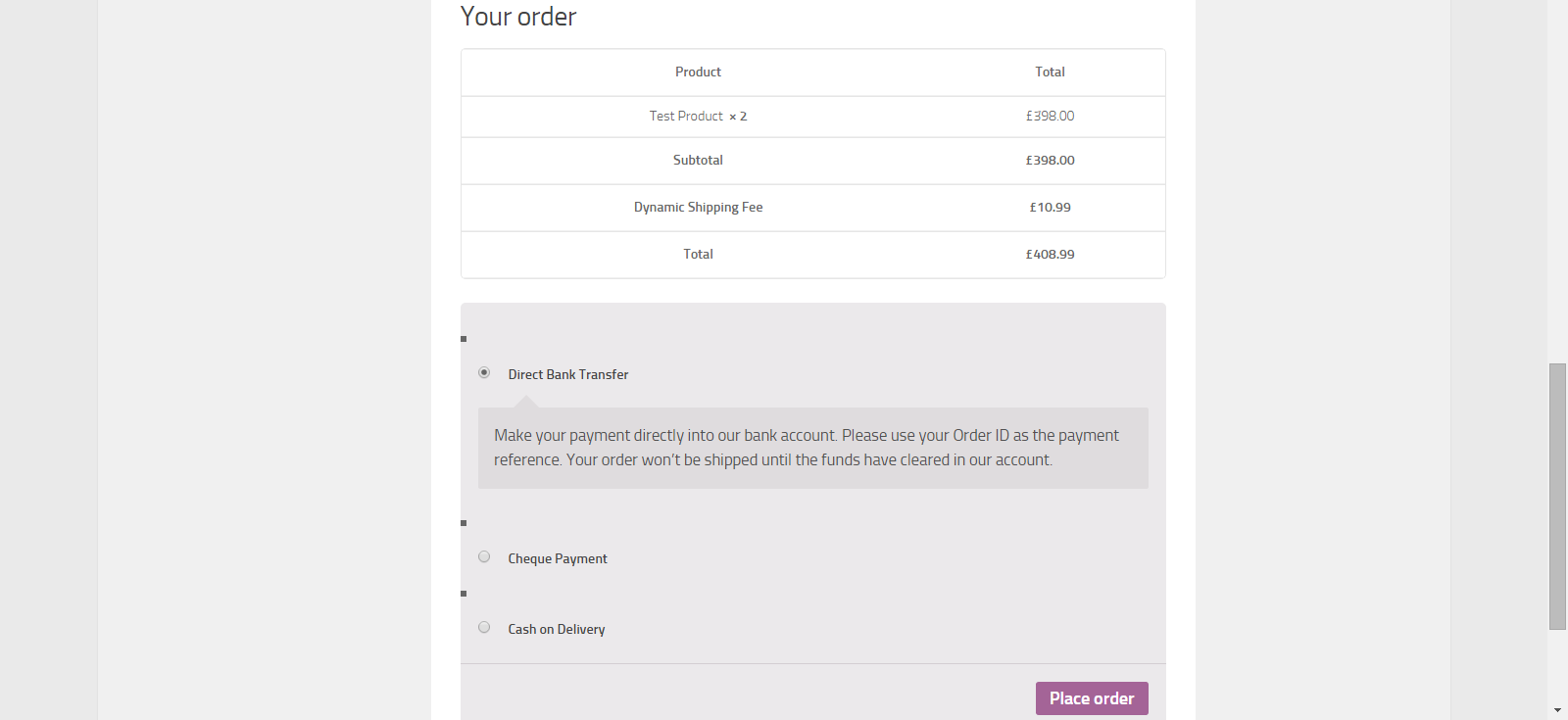 Checkout page where custom fee defined by admin is added to customer's order total amount.