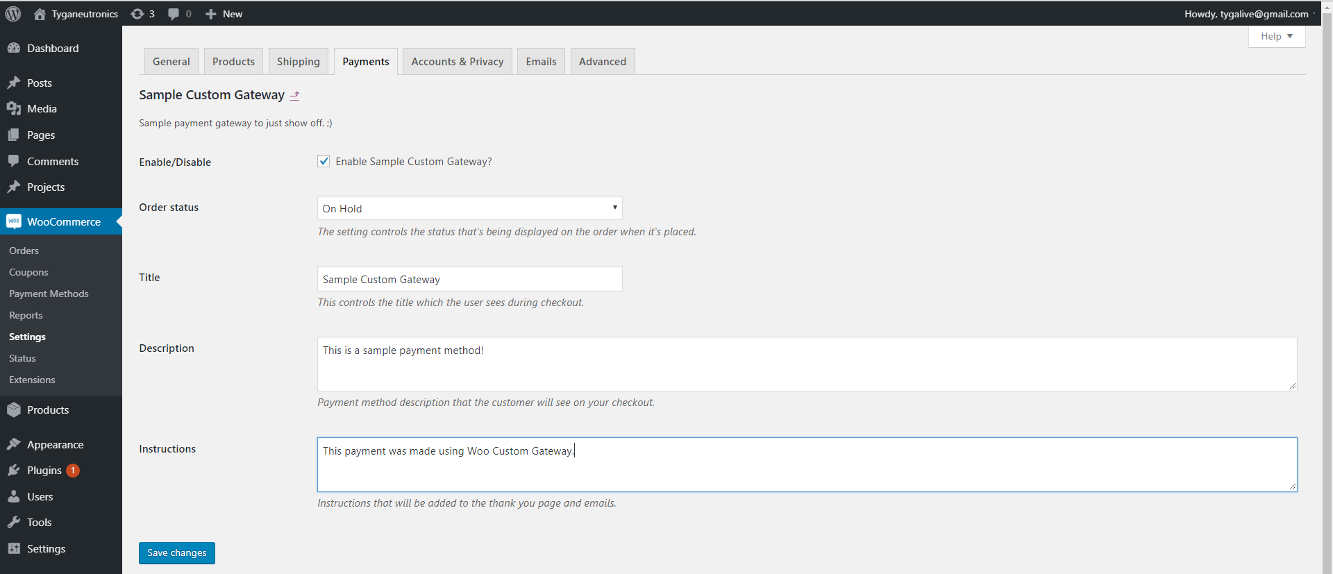 Custom payment gateway settings in WooCommerce. These settings will to shown to the customer at the appropriate times.