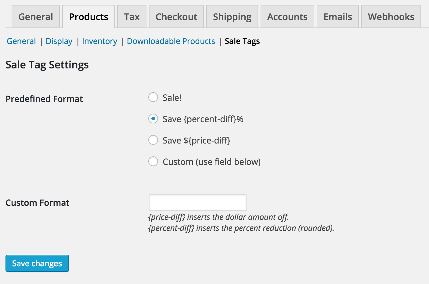 The settings screen is found in WooCommerce > Settings > Products > Sale Tags.