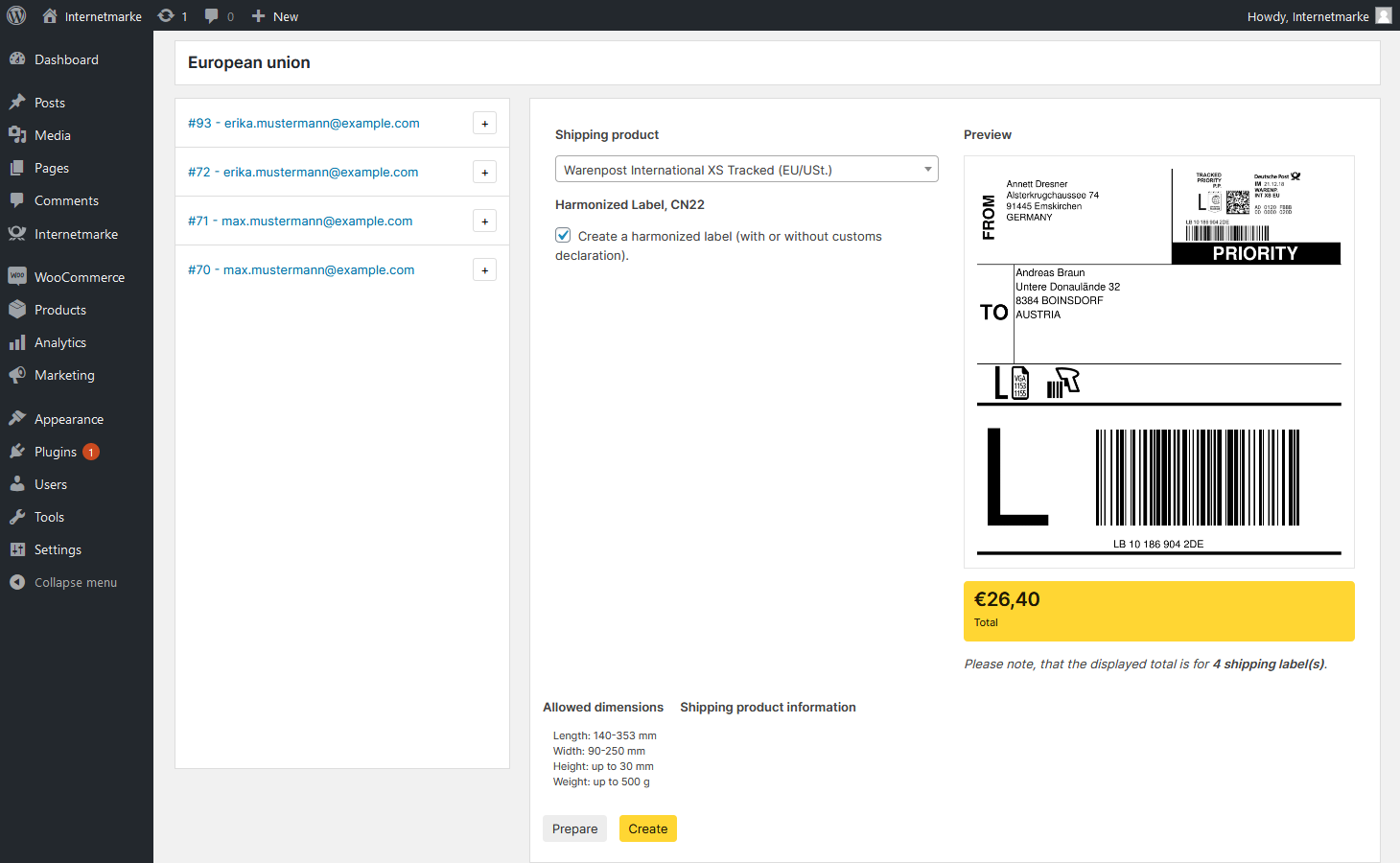 Bulk shipment wizard - step 1, label selection and price preview.