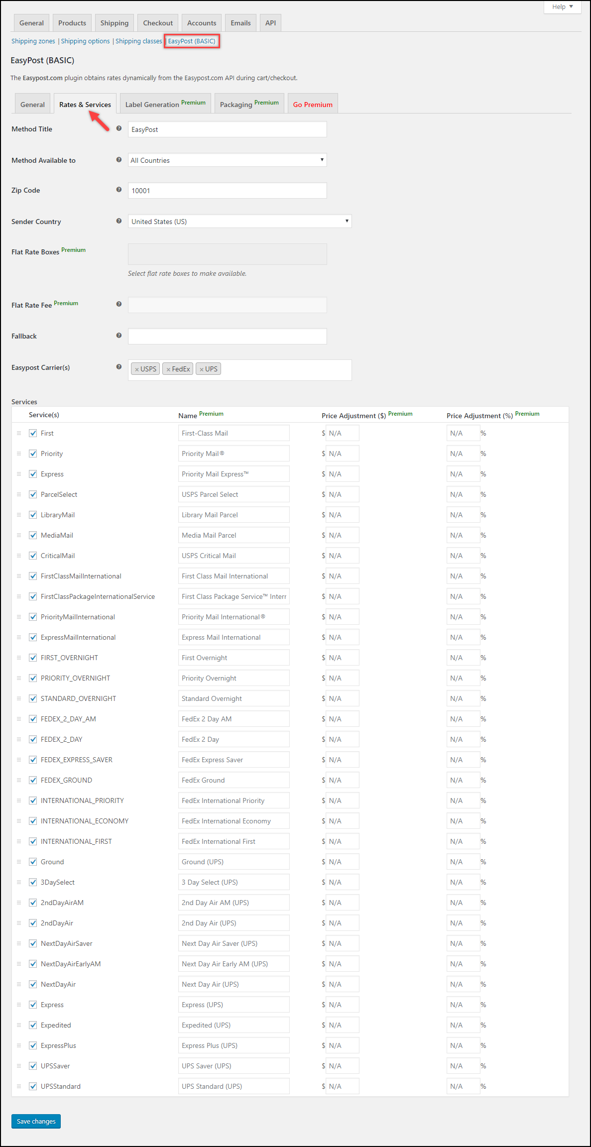 Rates Services Setting