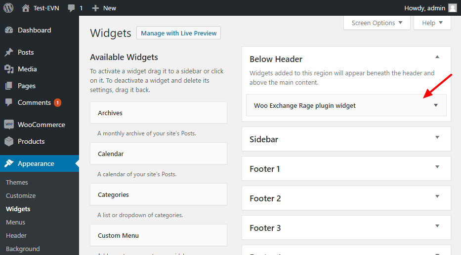 Woo Exchange Rate plugin widget screen (StoreFront theme)