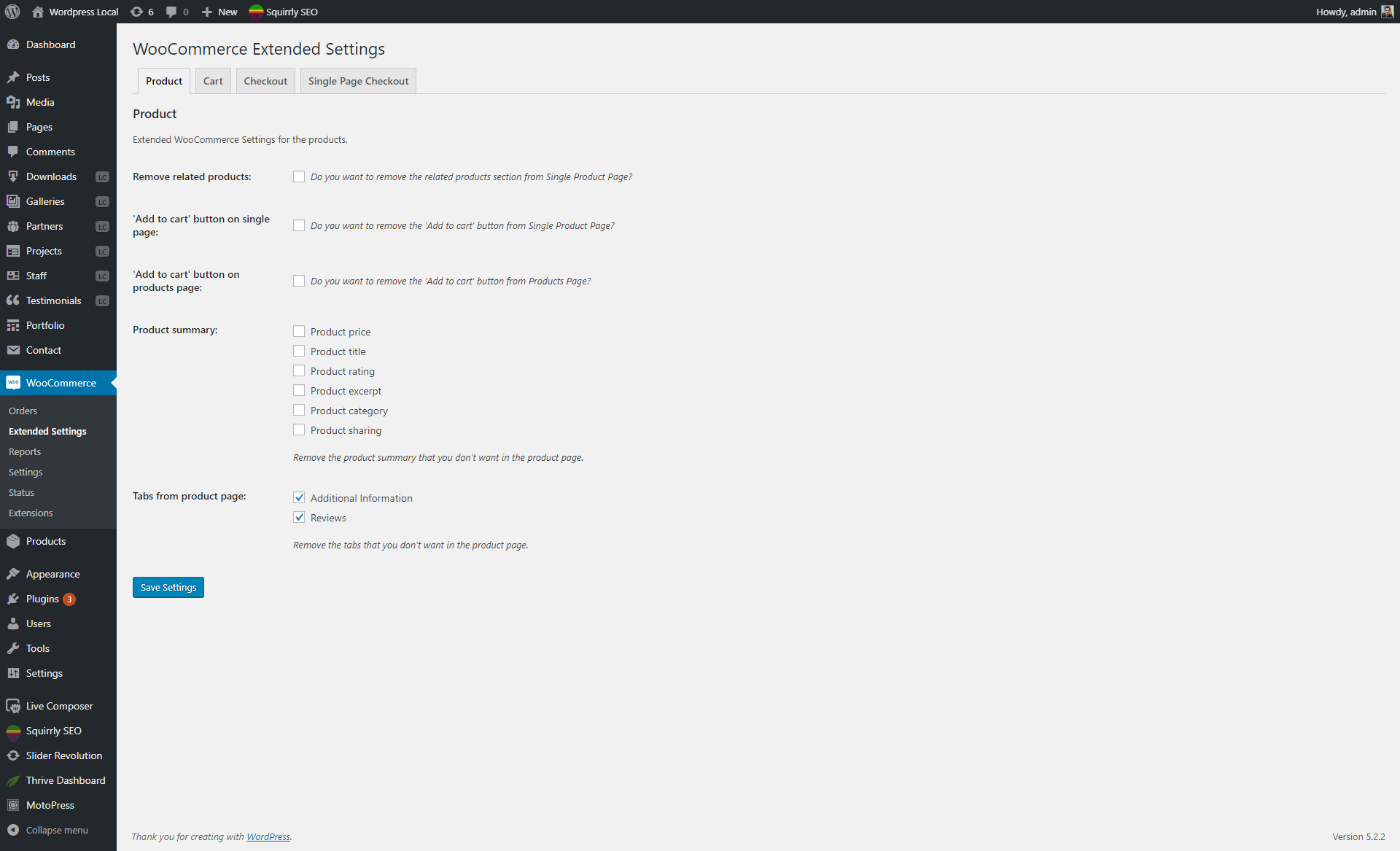 Product settings section