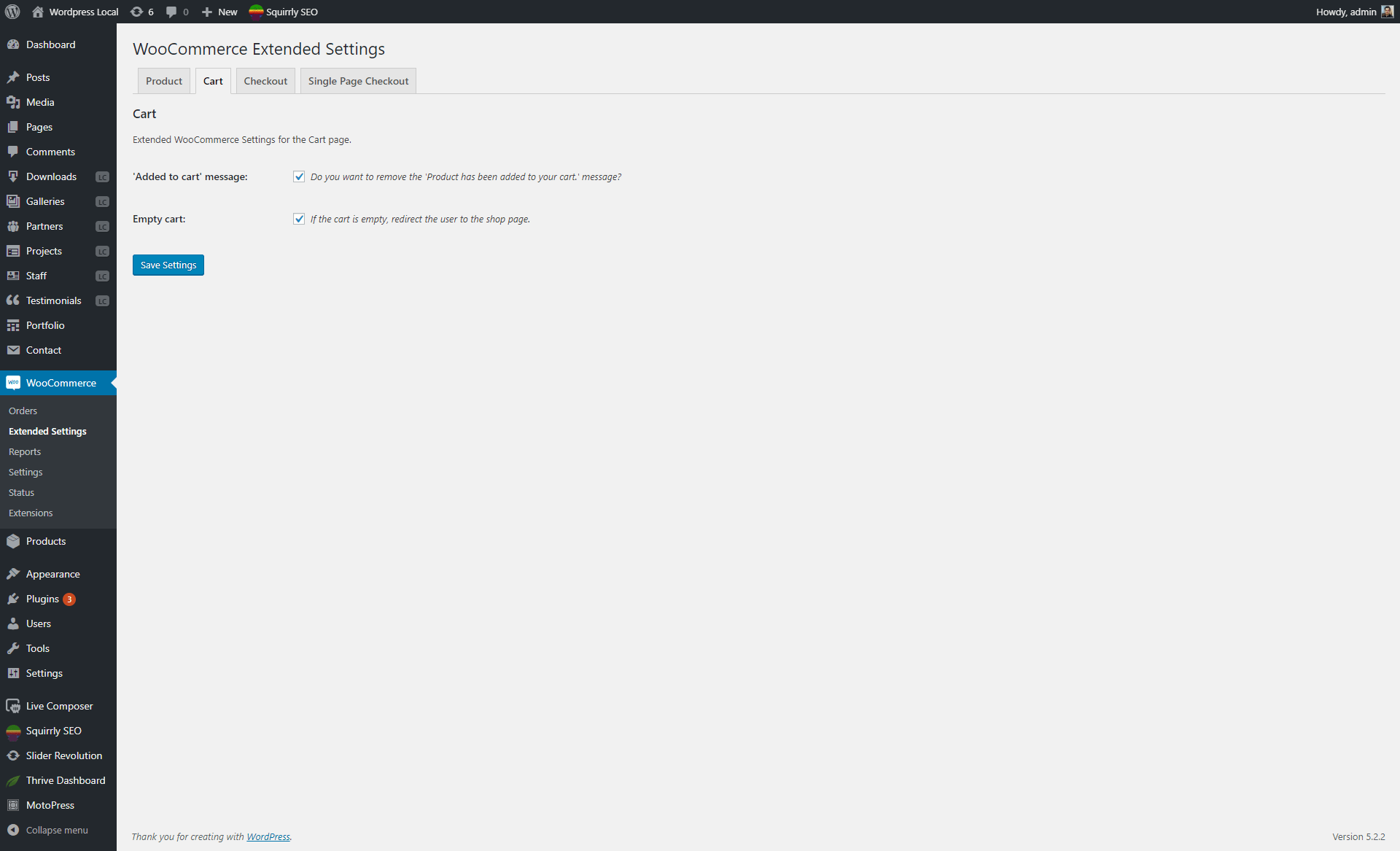 Cart page settings section