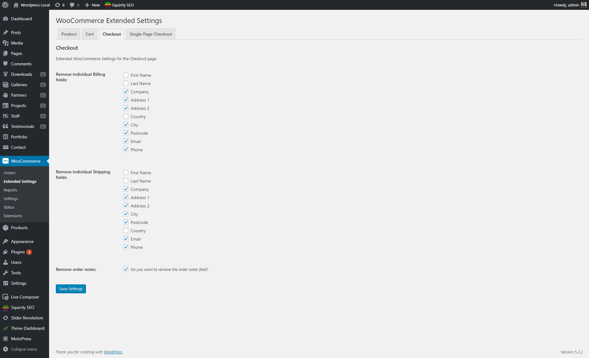 Checkout page settings section