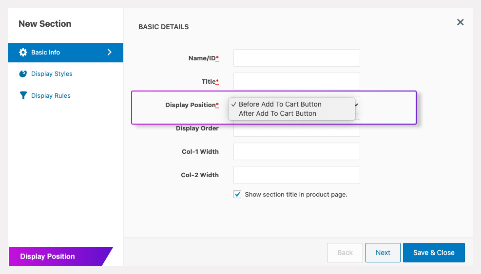 Set label position for the custom field.