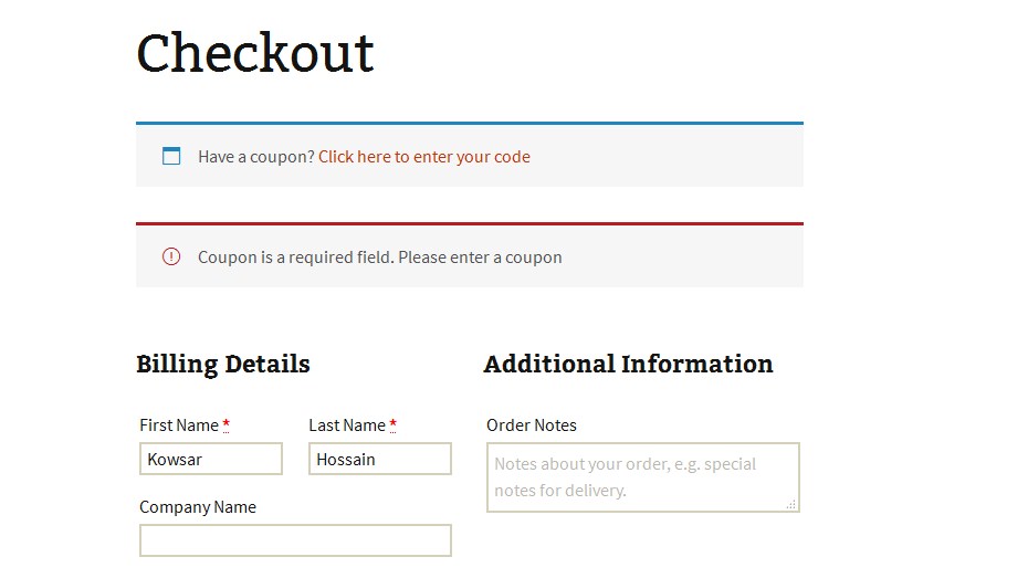 In checkout page, when users will place an order without entering any coupon code, they'll see an error notice.