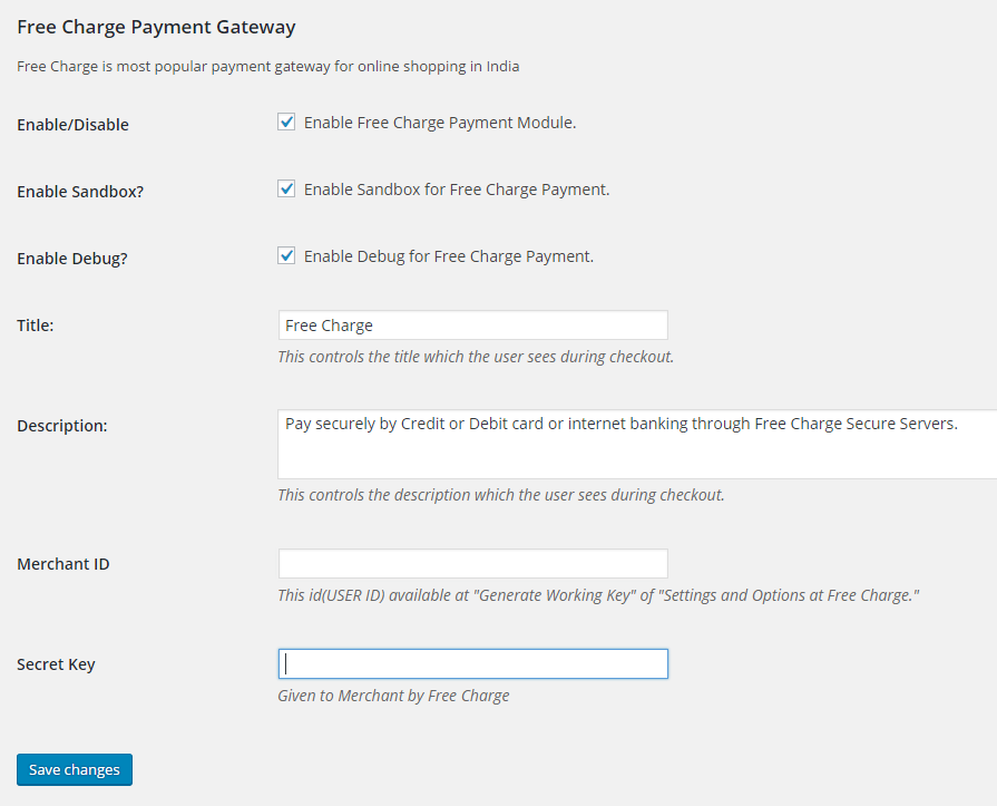 Freecharge setting page in Woocommerce