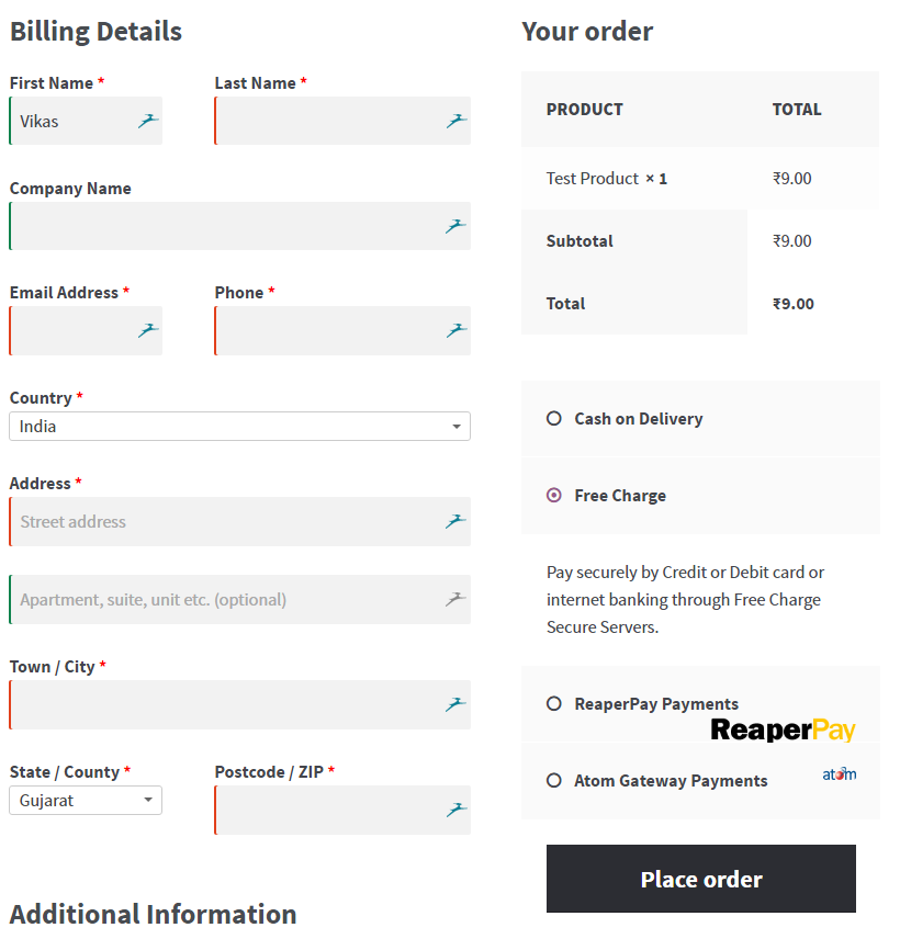 Freecharge Payment gateway option at the checkout page