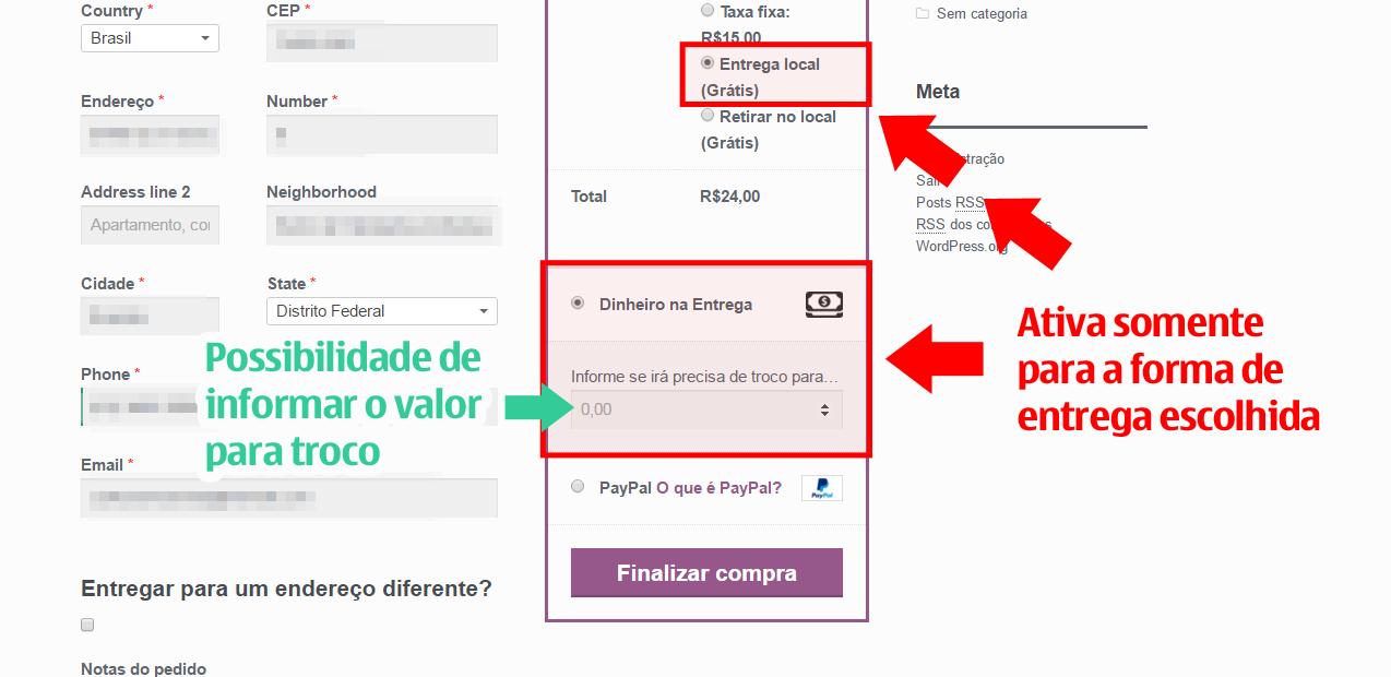 Aqui vemos o Checkout onde após escolher uma modalidade de entrega expecifica a forma de pagamento aparece.