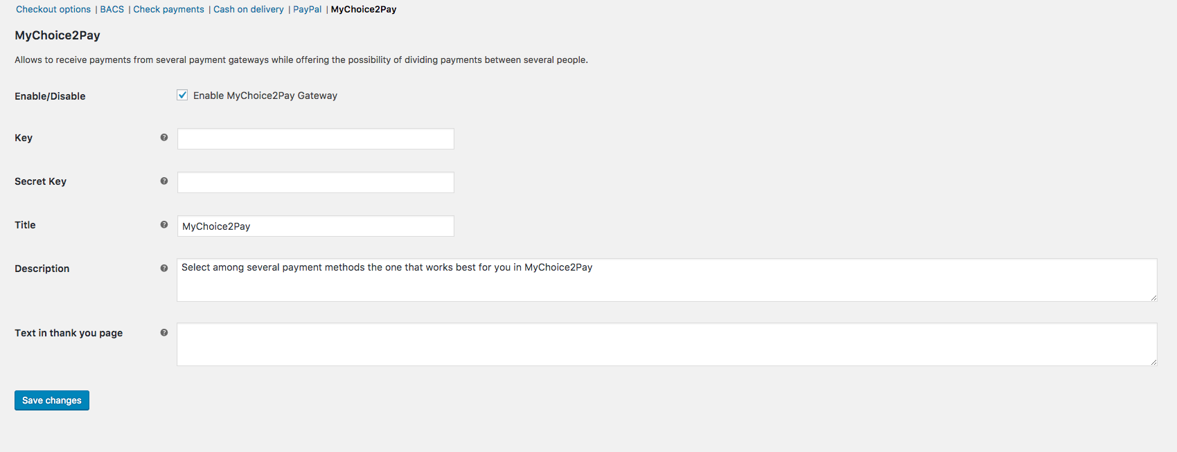 Configuration page of plugin. Manage your keys and display options.