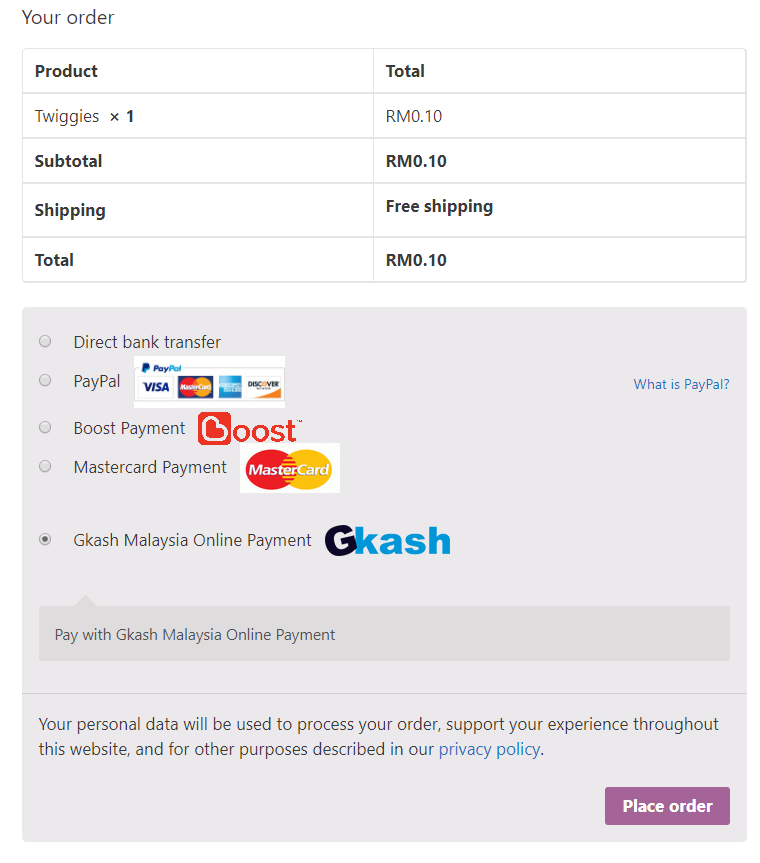 Select the Gkash.My Unified payment method to make payment and click "Place Order"