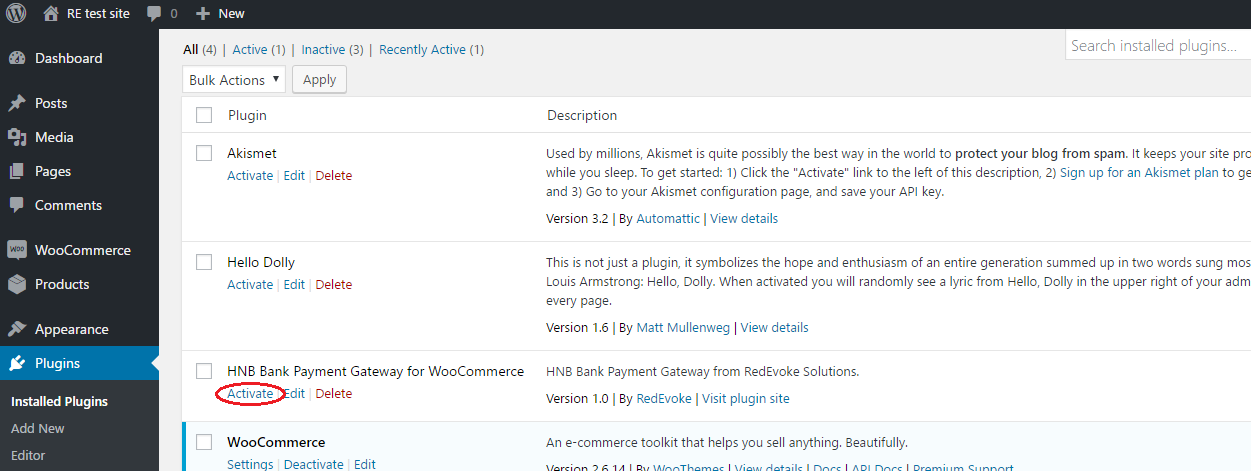 Activate the "WooCommerce HNB Bank Payment Gateway" plugin available in the installed plugins page.