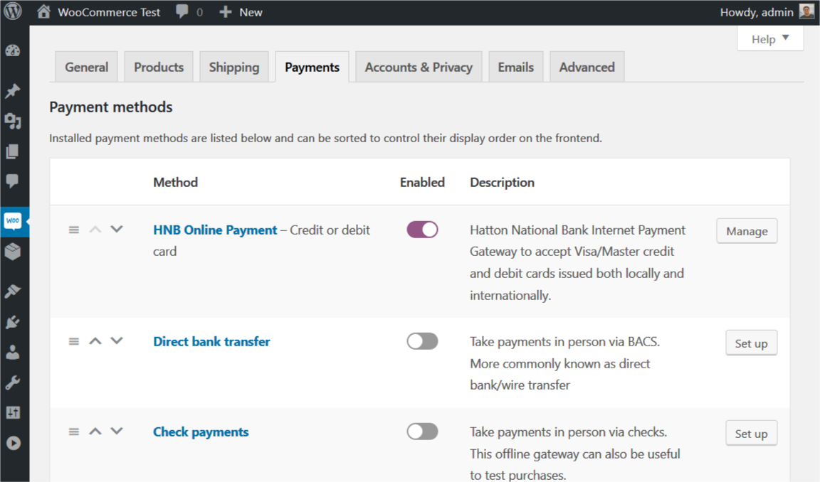 WooCommerce Payments tab shows the new "HNB Online Payment" method