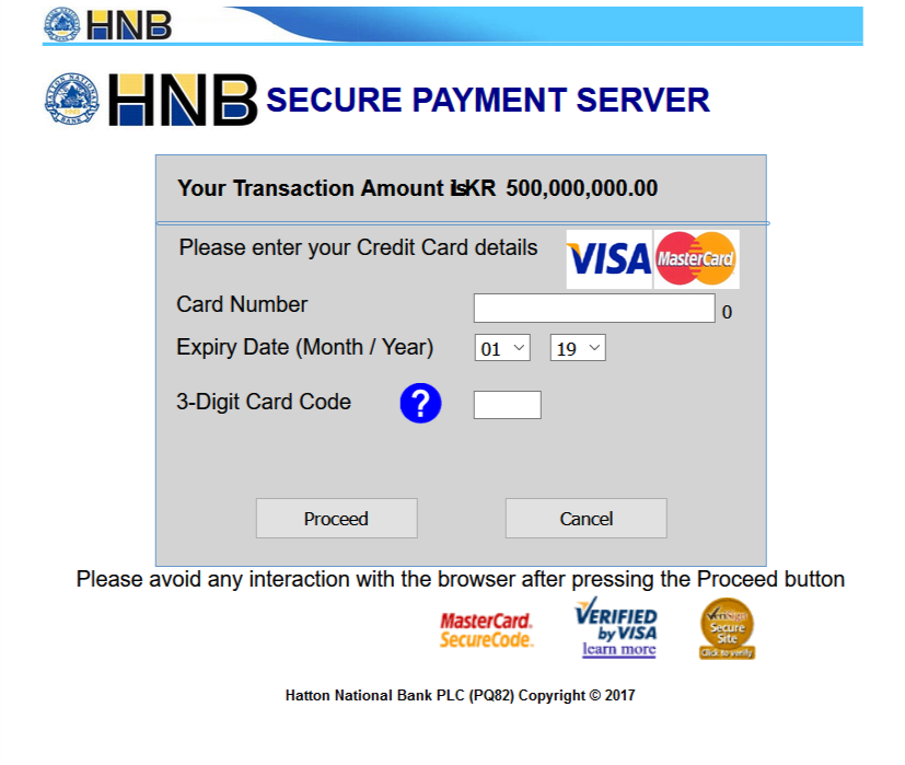 HNB payment gateway page