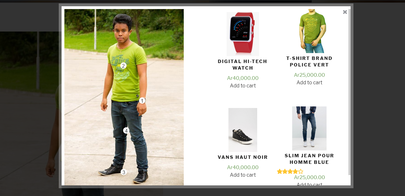 This shows the annotated image clicked from the gallery view. As you can see, it displays the annotated image in a popup box. On the left side, we can see the image with all captions. On the right side, we can see all the products annotated within this image.