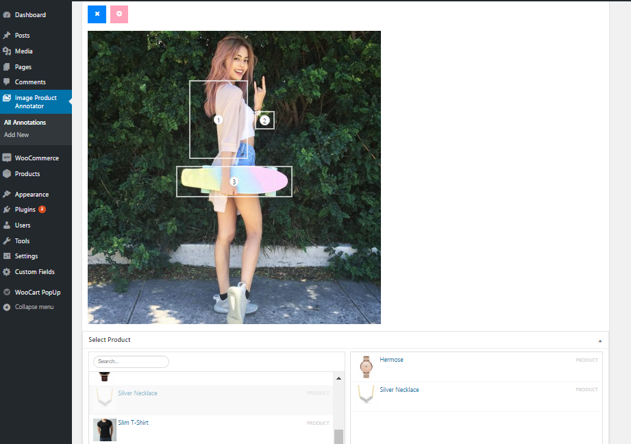 This shows the editing process of the annotation. As you can see, it is as easy clicking, dragging, and drop in the rectangles. Below the image, you can see a box called ‘Select Product’, there you can add, reorder or remove the product that are in the pictures.