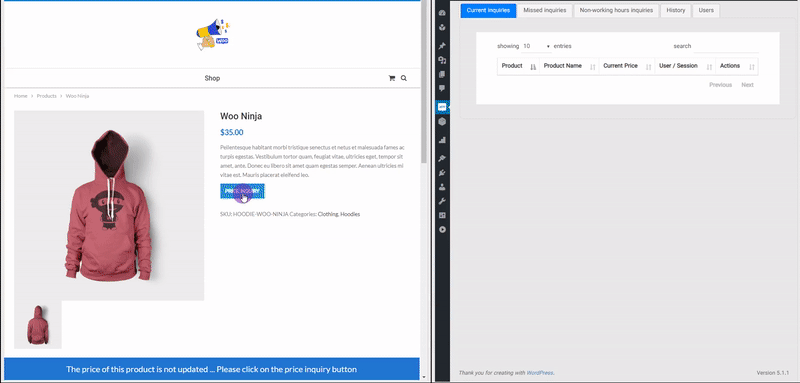 inquiry for a product and answer in dashboard