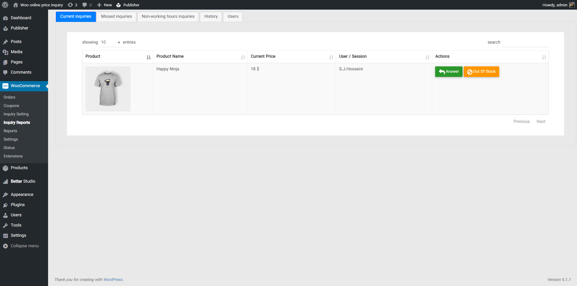 answer inquiry in dashboard
