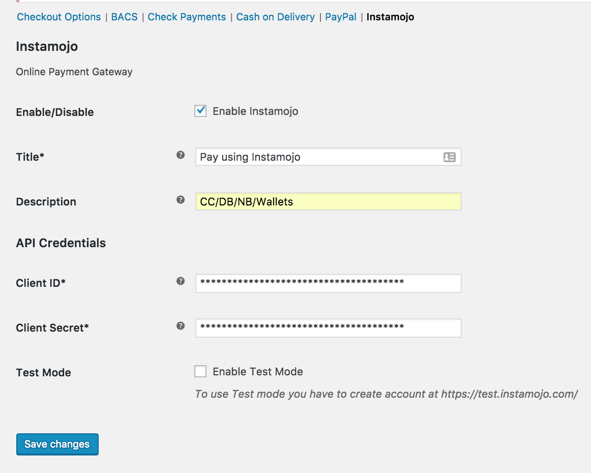 Settings page after configuration.