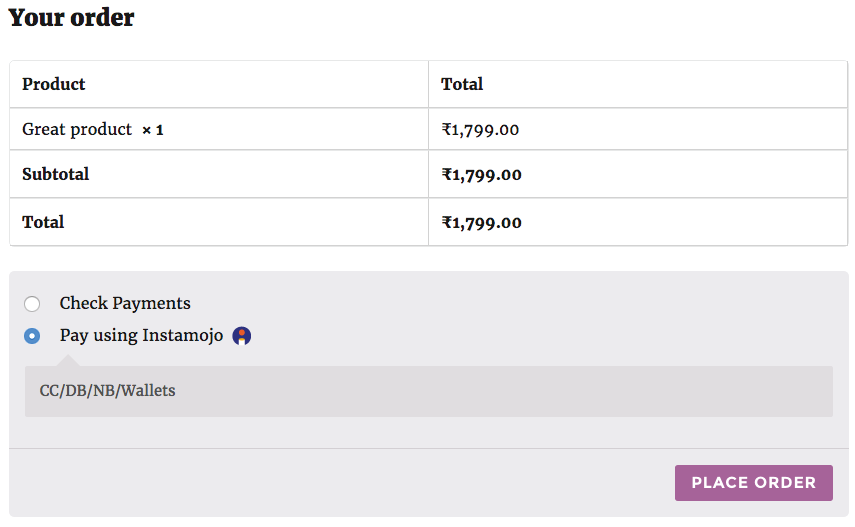 Checkout screen when using Instamojo Payment Gateway for WooCommerce.