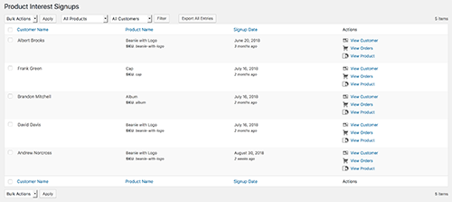 This is an example of the current product interest signups.