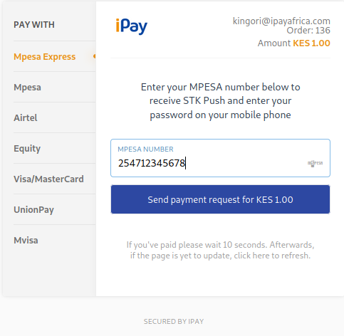 The M-Pesa express checkout. The user just sends the payment request to their phone and enters the PIN.