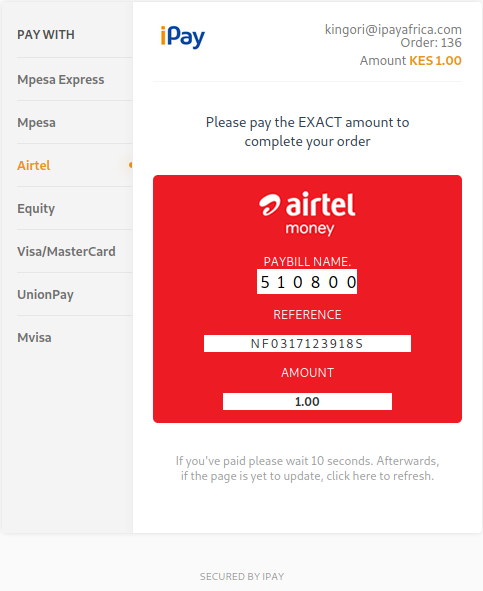 Airtel page with payment instructions.
