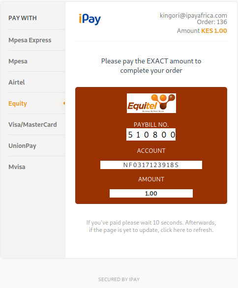 Equitel page with payment instructions.