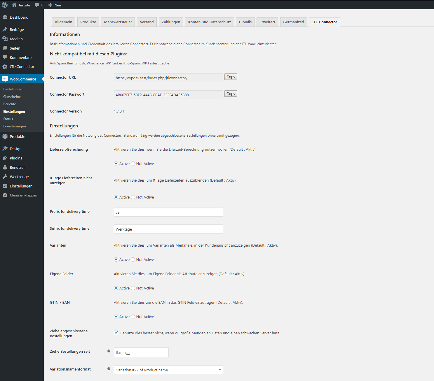 The WooCommerce JTL-Connector (<=1.6.4) settings panel.