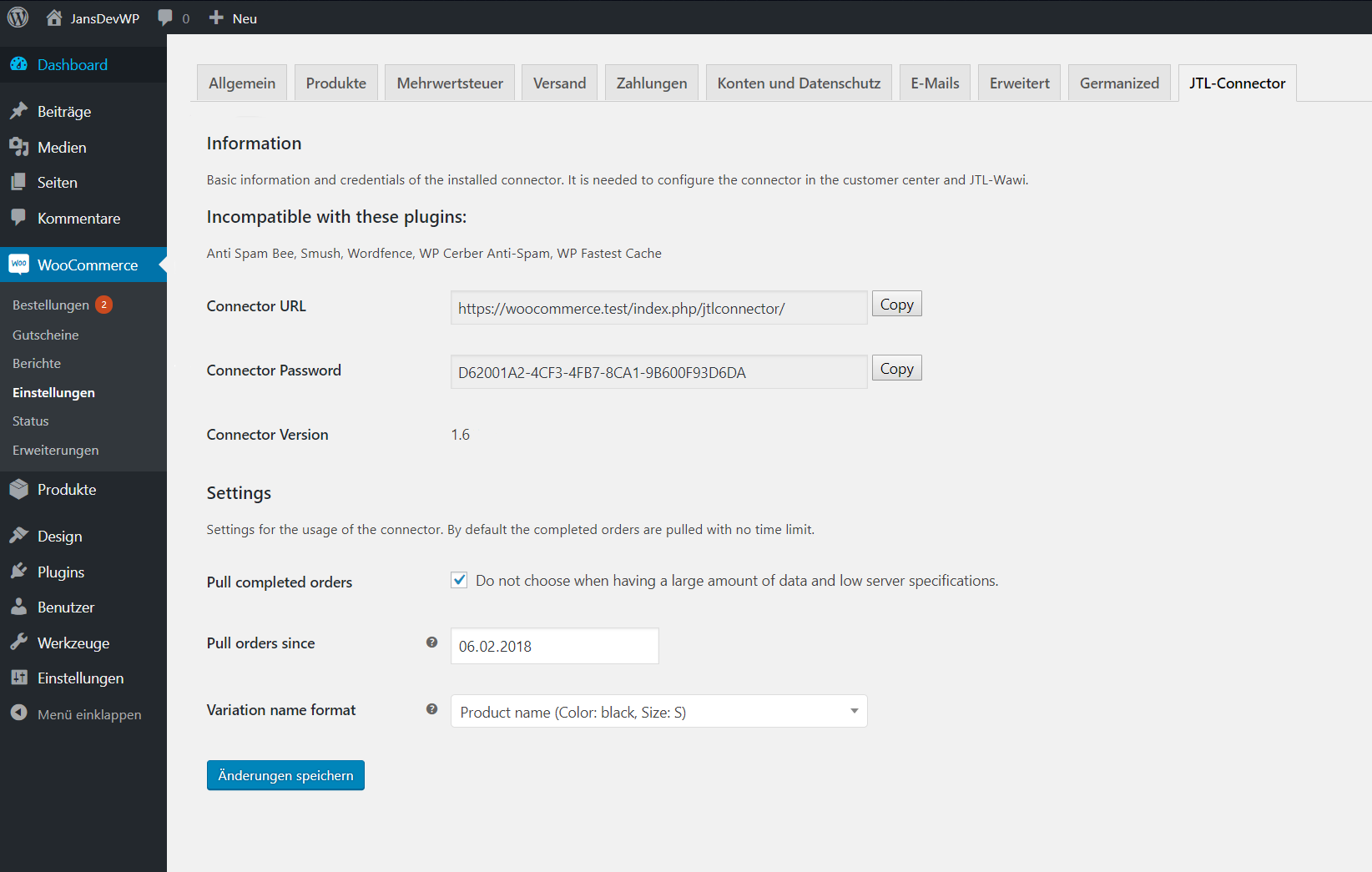 The WooCommerce JTL-Connector (>=1.7.0) settings panel.