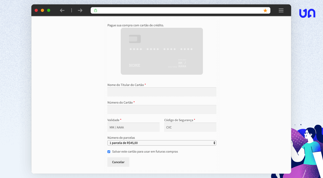Checkout transparente para cartão de crédito com efeito visual.