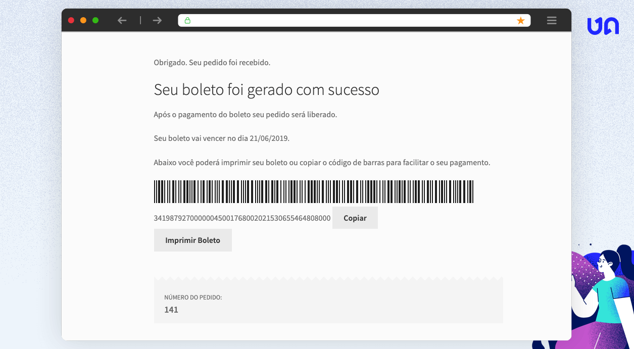 Página de agradecimento com código de barras visual e linha digitável para o cliente.