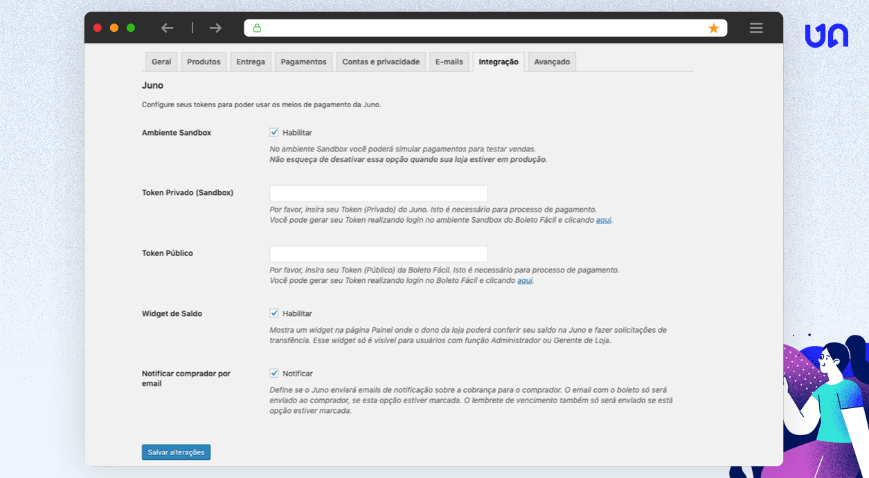 Página de configuração da integração com a Juno.