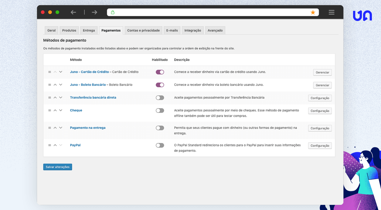 Configuração dos meios de pagamento.