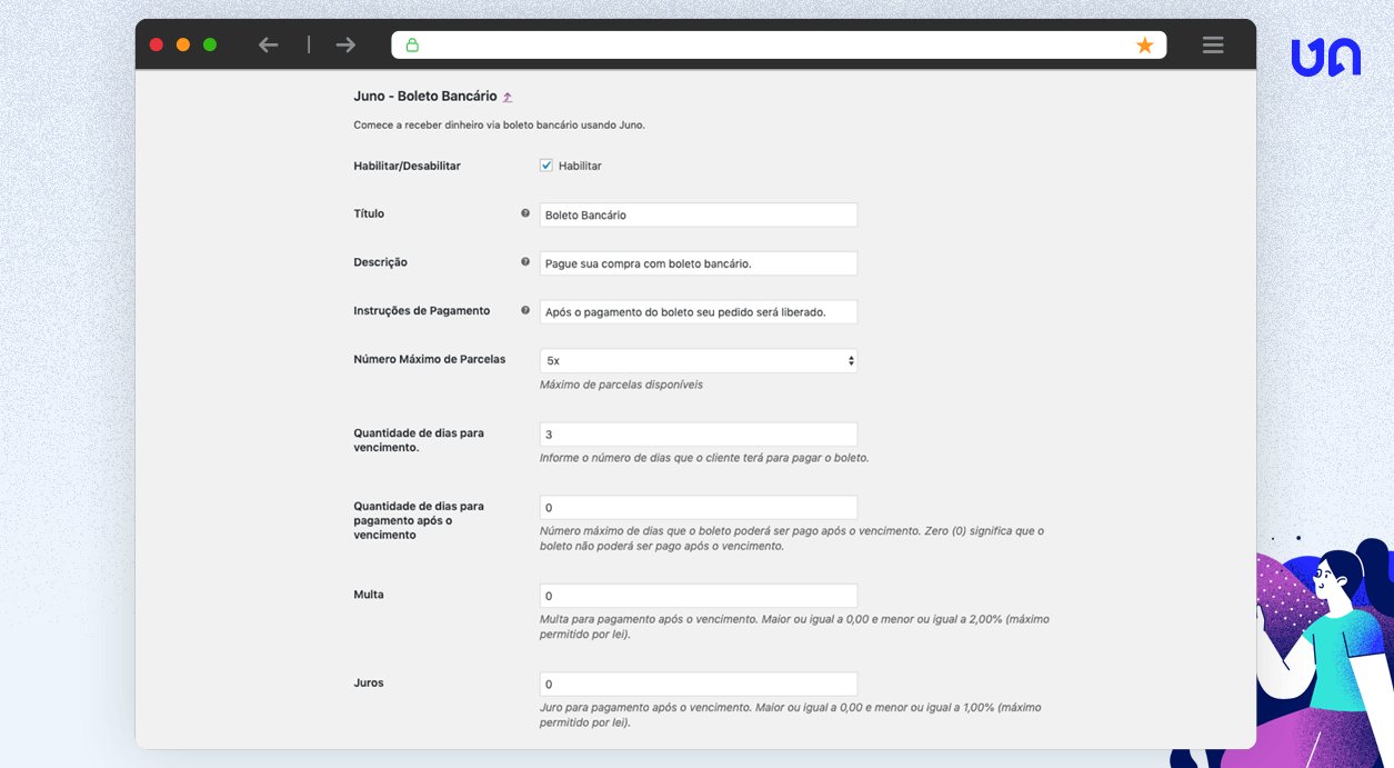 Página de configuração do boleto bancário da Juno.