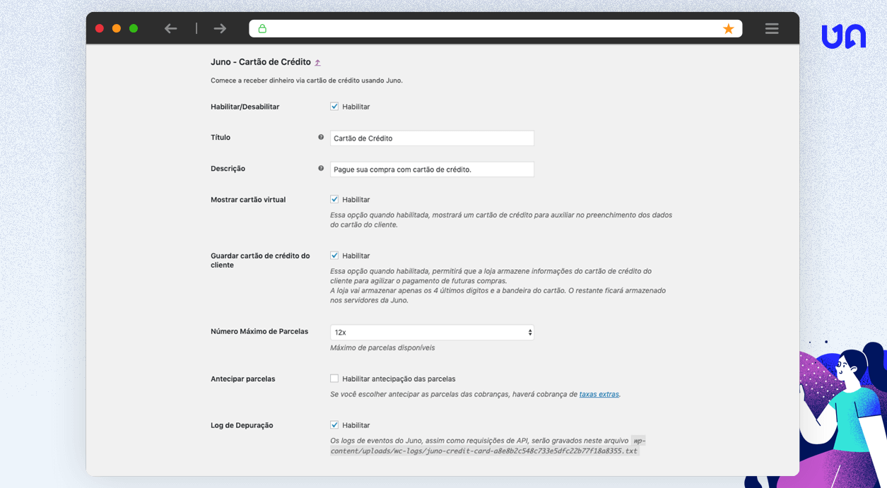 Página de configuração do cartão de crédito da Juno.