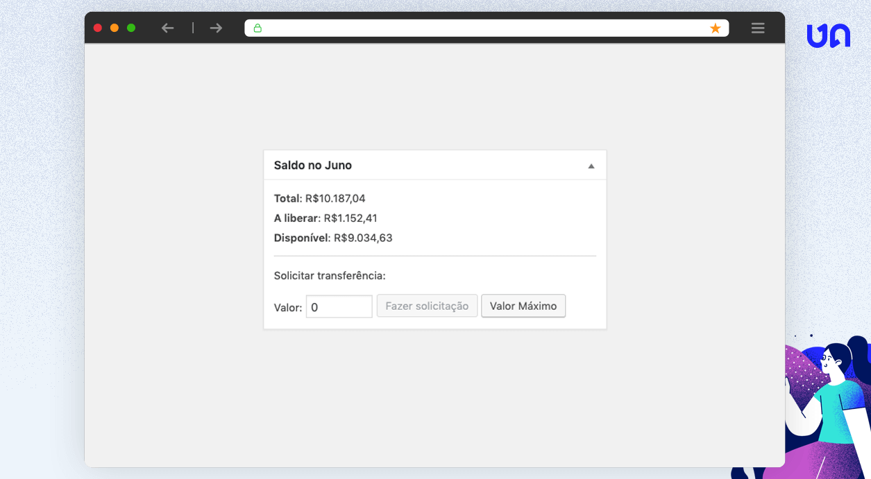 Widget no admin com o saldo da sua conta na Juno.
